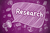 Research - Doodle Illustration on Purple Chalkboard.