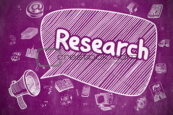 Research - Doodle Illustration on Purple Chalkboard.