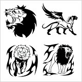 Tribal lions. Set of black and white vector illustrations.