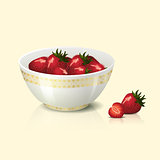 white bowl with strawberries shadow and reflection
