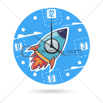 Kids illustration dial plate. Clock face with a rocket.