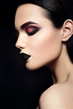 Beauty Fashion Model Girl with Black Make up. Dark Lipstick.