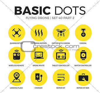 Flying drone flat icons vector set