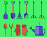 garden isolated tools on green background