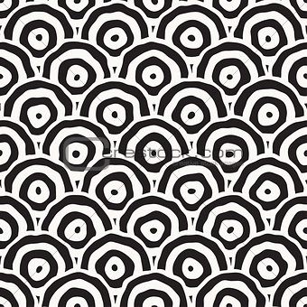 Rough Line Hand Drawn Circles. Vector Seamless Black and White Pattern.