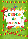 Cinco de Mayo greeting card, template for flyer, poster, invitation. Mexican celebration with traditional symbols. Vector illustration.