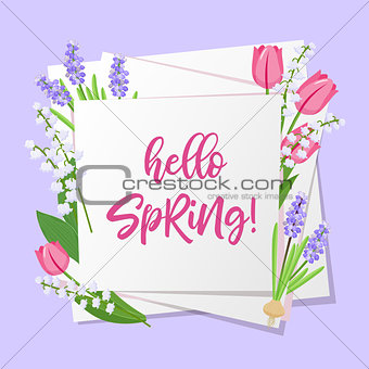 Hello spring lettering. Spring flowers on white paper background with seasonal spring text. Vector illustration.