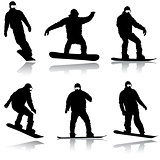 Set black silhouettes snowboarders on white background. Vector