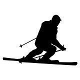 Mountain skier speeding down slope. Vector sport silhouette