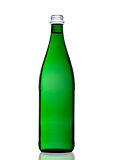 Green bottle of sparkling mineral water on white