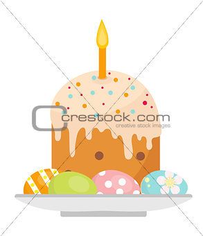 Easter cake with candles on a plate with eggs icon, flat style. Isolated on white background. Vector illustration, clip-art.
