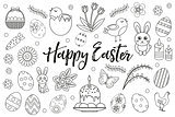Happy Easter collection object, design element. Hand drawing, outline style. Easter coloring page set. Vector illustration, clip art.