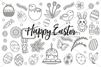 Happy Easter collection object, design element. Hand drawing, outline style. Easter coloring page set. Vector illustration, clip art.