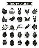 Happy Easter icon set, black silhouette, outline style. Vector illustration.