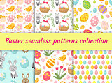 Cute Easter seamless pattern collection with birds and eggs. Endless Spring background, texture, digital paper. Vector illustration.