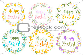 Happy Easter set floral frame for text, isolated on white background. Vector illustration.