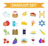 Shavuot icons set, flat style. Collection design elements on the Jewish holiday Shavuot with milk, fruit, torus, mountain, wheat, basket. Isolated on white background. Vector illustration, clip-art.