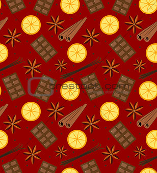 Spices seamless pattern. Mulled wine and chocolate endless background, texture. Vector illustration.