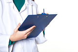 female doctor with a tablet on a white background