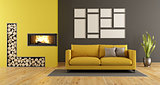 Black and yellow living room with fireplace