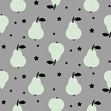 Pear seamless vector pattern with stars on gray.