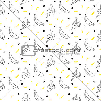 Banana sketch line seamless vector pattern black and white.