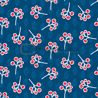 Rowan berry seamless pattern on blue.