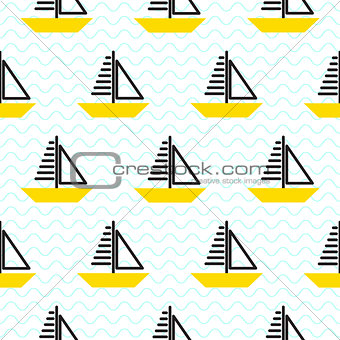 Sailing ship seamless kid vector pattern in scandinavian style.