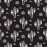 Cactus plant black vector seamless pattern. Abstract cartoon desert fabric print.