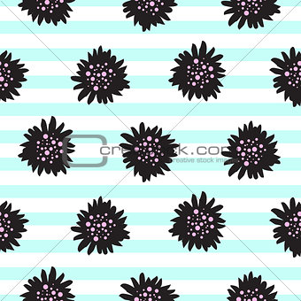 Striped black bold florals seamless pattern.
