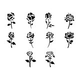 Flat black rose icon set