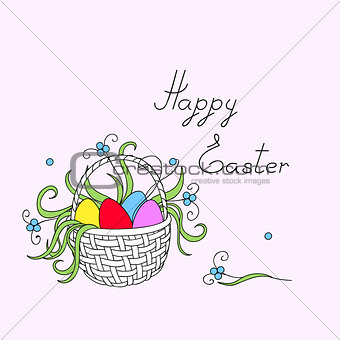 happy easter with easter eggs, flowers in the basket