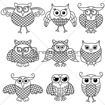 Set of nine funny cartoon owl outlines