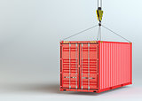 Crane hook and red cargo container