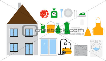 House Cleaning Tools Icon Set on Modern Flat Style. Vector Illus