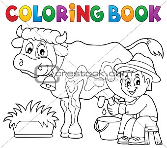 Coloring book farmer milking cow