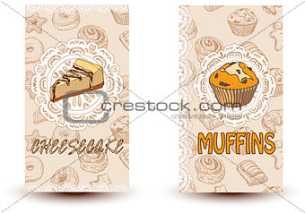 Cheesecake and muffins. Hand drawn vector illustration. Promotional brochure with pastries. Bakery shop. Perfect for restaurant brochure, cafe flyer, delivery menu.