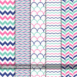 Geometric seamless patterns in memphis colors.