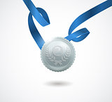 Champion silver medal with ribbon on white background. Vector illustration.