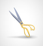 poster mock-up with golden scissors isolated on white background.