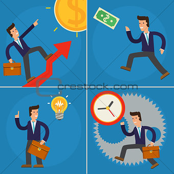 Four Illustrations of Cartoon Character Successful Businessman