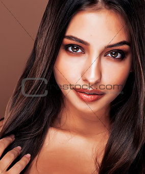 cute happy young indian woman in studio close up happy smiling, fashion mulatto adorable smile, lifestyle people concept