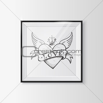 Heart with wings sketch in a frame.
