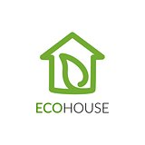 Simple icon of house with leaf within.