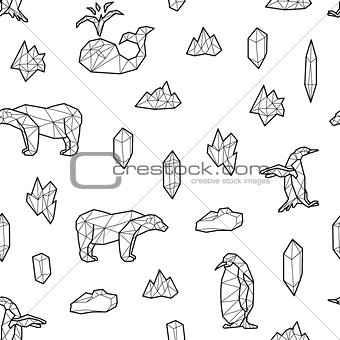 Seamless black and white kids tribal vector pattern with whales, penguins, polar bears and low-poly crystals.