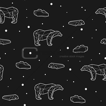 Seamless black and white kids tribal vector pattern with polar bears and ice floes.