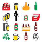 Beer, brewery, drinking alcohol in pub vector icons set
