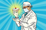 Laboratory scientist analyzes a piece of cake