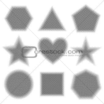 Grey geometric shapes with halftone effect, vector illustration.