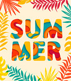 Summer card with tropical leaves on background.